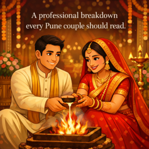 Indian bride and groom performing wedding rituals by the agnikund, bride in red saree with mehndi, groom in cream kurta pajama, festive Indian wedding décor, highlighting Sajja Weddings services for stress-free celebrations.