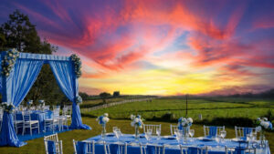 Mahabaleshwar destination wedding setup with green hills and sky 